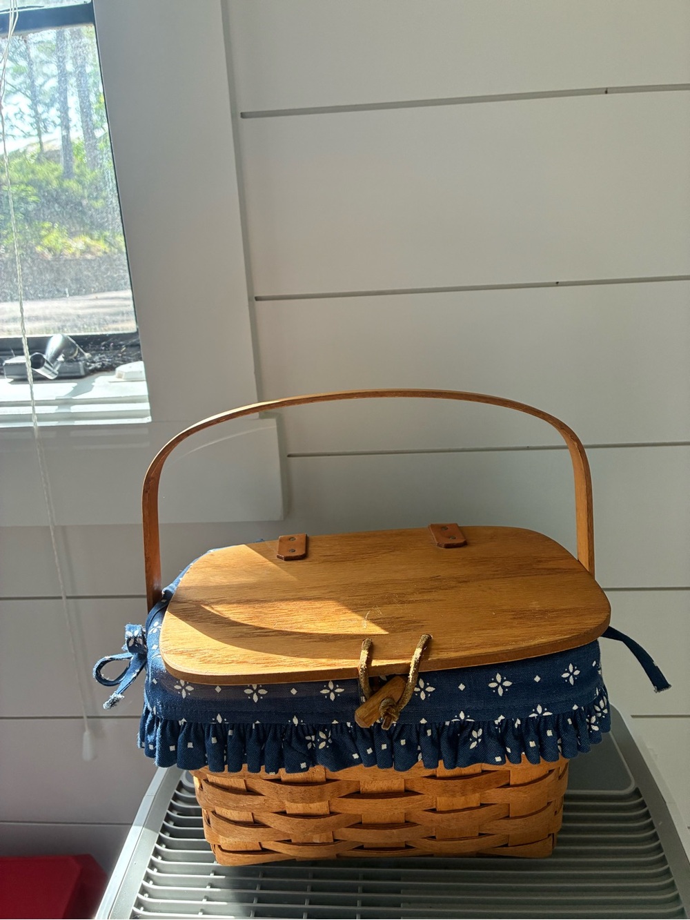 Longberger Woven Picnic Basket Tote with Blue Floral Trim